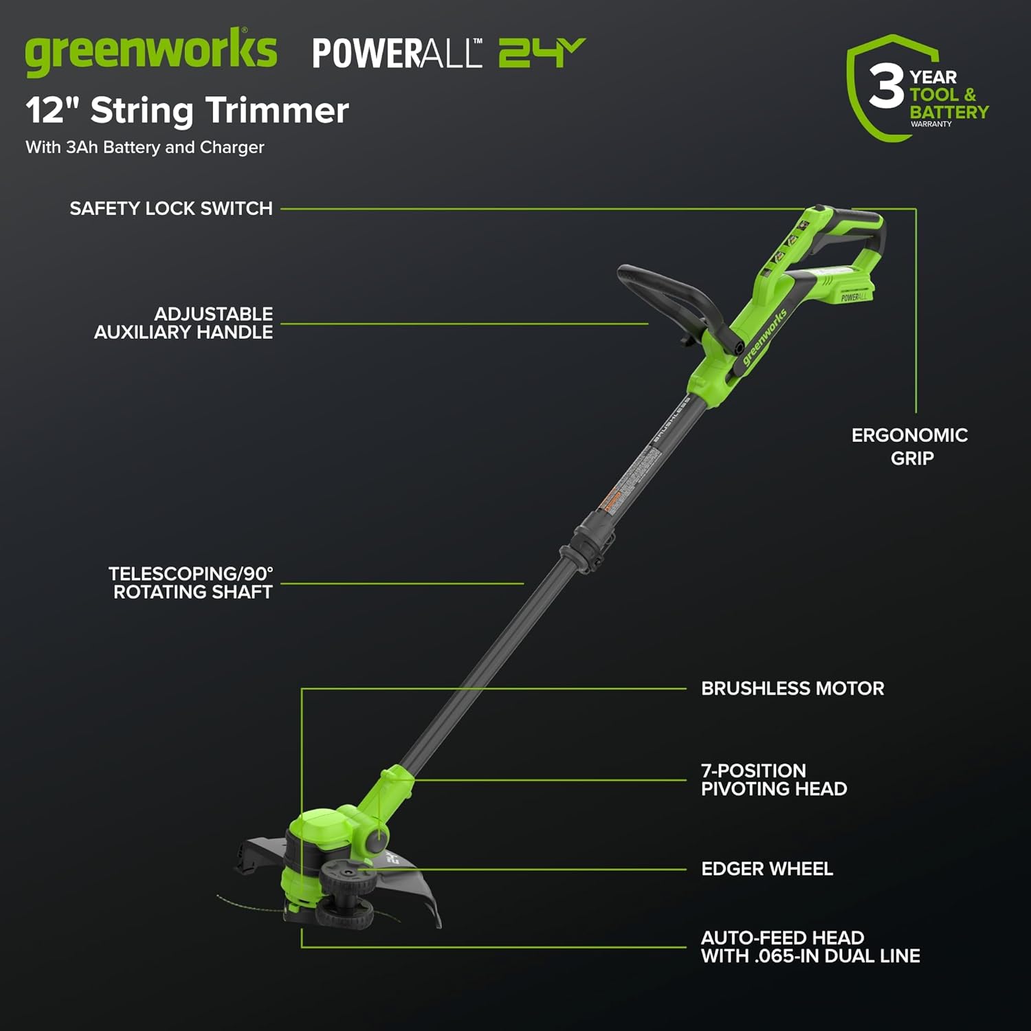 Greenworks 24V 12" Brushless String Trimmer Kit, 2-in-1 Trimmer & Edger, Adjustable Shaft, 3.0Ah USB-C Battery, 65W USB-C Charger, 10 Blades, 3-Year Warranty