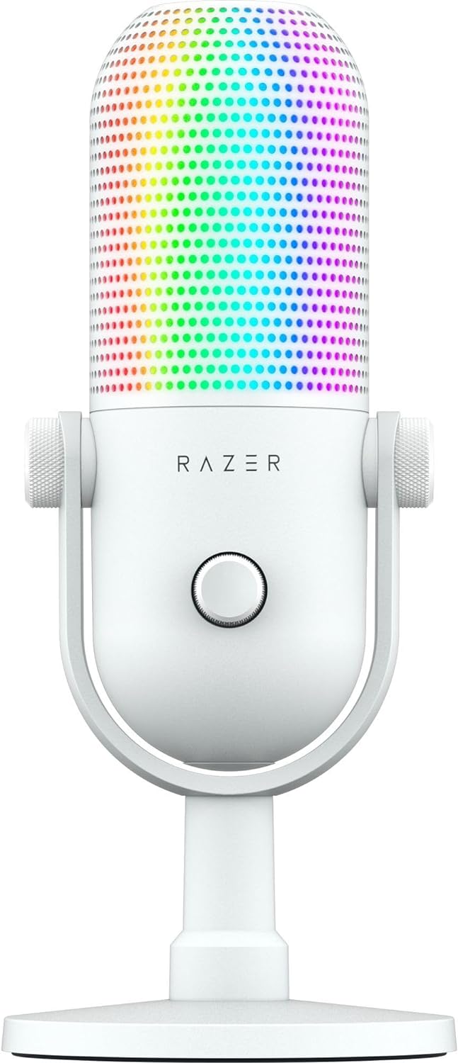 Razer Seiren V3 Chroma RGB USB Microphone: Stream & Game Reactive Lighting - Tap-to-Mute Sensor - Condenser Mic - Digital Gain Limiter & Shock Absorber - PC, Discord, OBS Studio, XSplit - White