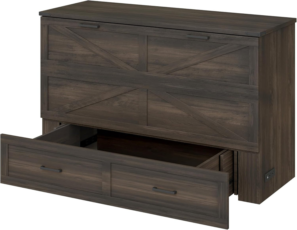 Bellemave Queen Murphy Bedframe, Cabinet Bed with Charging Station and Storage, Farmhouse Murphy Cabinet with Foldable Panel, Noisy Free, for Guest Bedroom, Living Room, Office, Rustic Gray