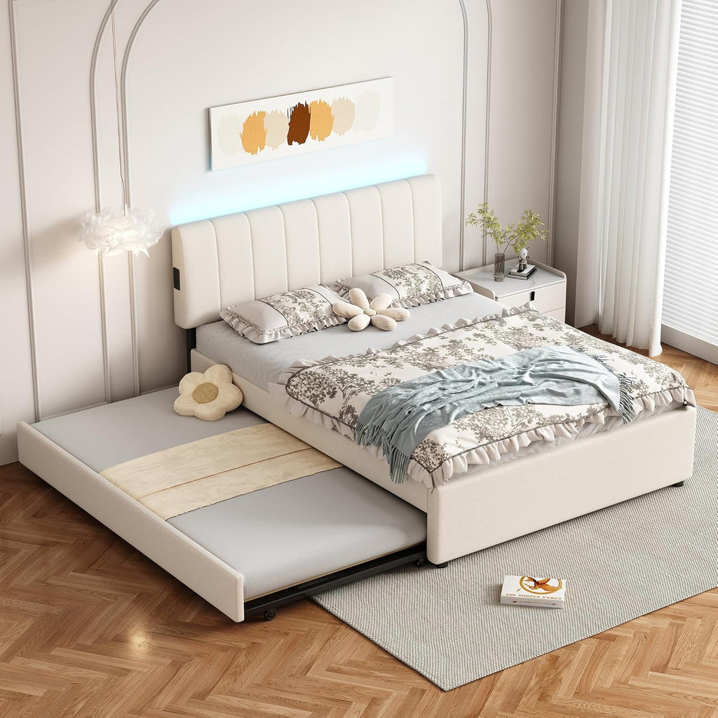 Full Size Upholstered Platform Bed with Trundle and 1 Sets of USB, Chenille Fabric Solid Wood Bedframe w/Wood Slats & LED Lights with APP for Bedroom,Beige