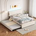 Full Size Upholstered Platform Bed with Trundle and 1 Sets of USB, Chenille Fabric Solid Wood Bedframe w/Wood Slats & LED Lights with APP for Bedroom,Beige