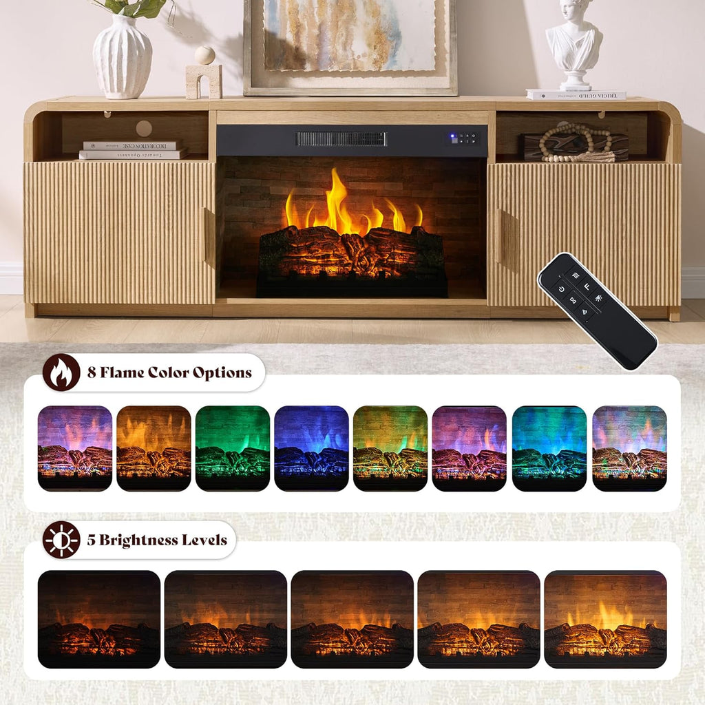 AMERLIFE 70" Fluted Fireplace TV Stand for TVs Up to 80", Modern TV Console with 30" Electric Fireplace & Storage Cabinets, Media Entertainment Center for Living Room, Natural Oak