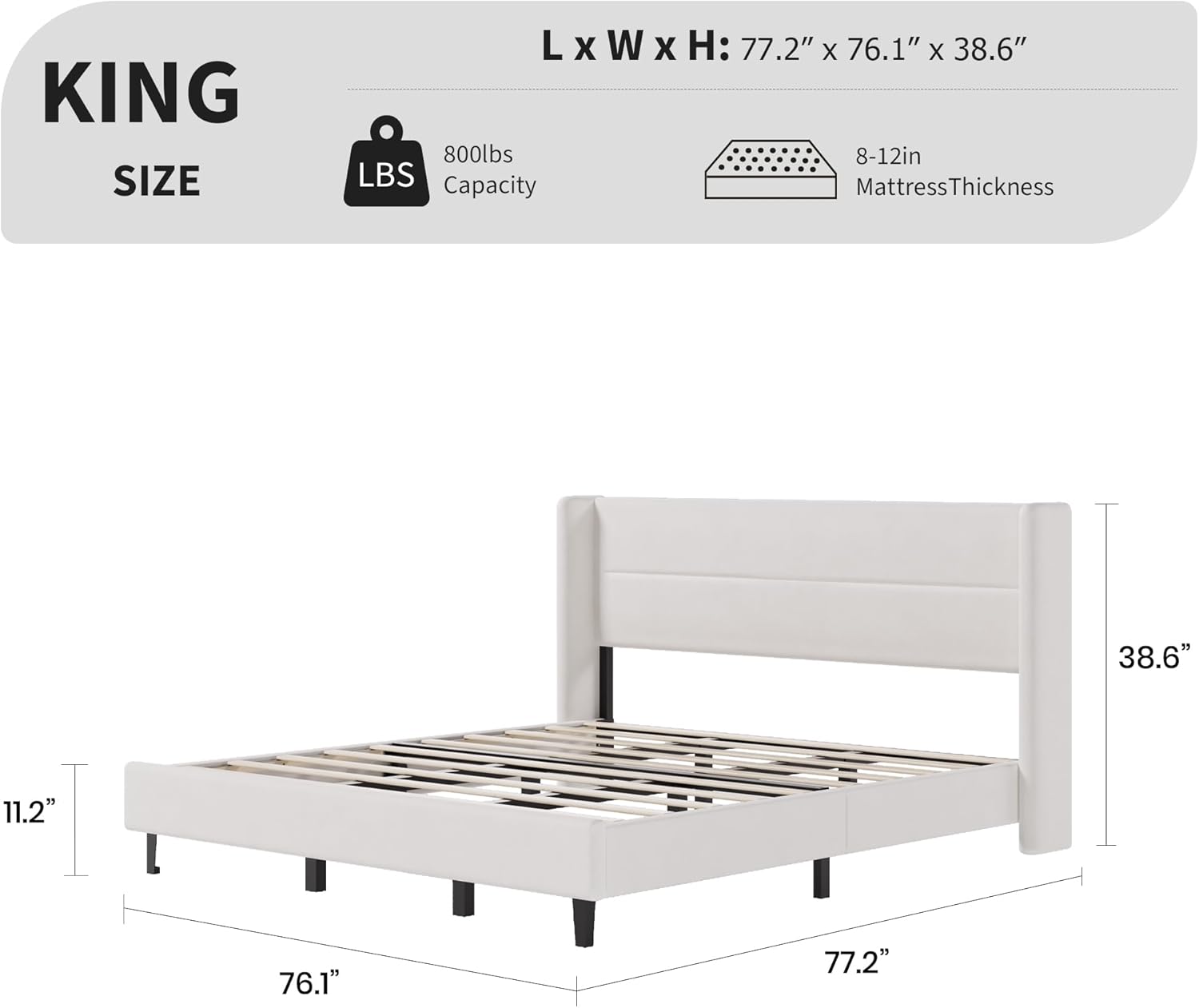 GAOMON King Size Bed Frame, Velvet Upholstered Platform Bedframe with Wingback Headboard, No Box Spring Needed, Wood Slats, Easy Assembly, White