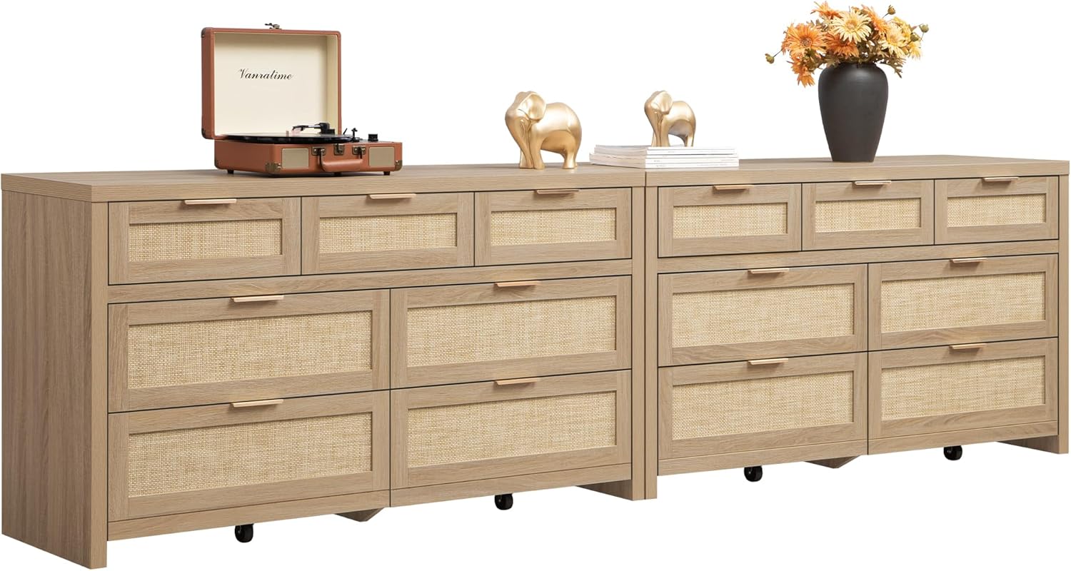 SICOTAS 7 Drawer Dressers for Bedroom Set 2, Long Rattan Dresser, Dresser TV Stand, Closet Organizer Chest of Drawers, Clothes Storage Dressers (Reclaimed Light Oak, 7 Drawers (2 pcs))
