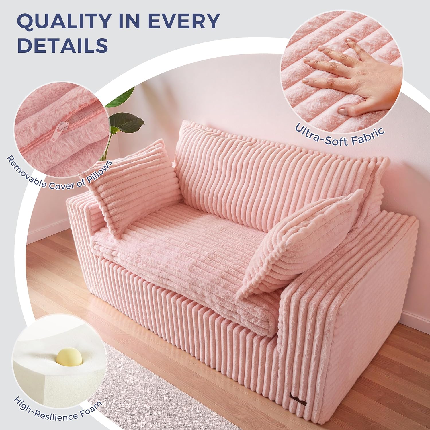 MAXYOYO 59" Bean Bag Sofa Couch, Loveseat Boneless Couch in a Box, Upholstered Small Mini Sofa with Deep Seating for Living Room Bedroom Office Apartment, No Assembly, Pink