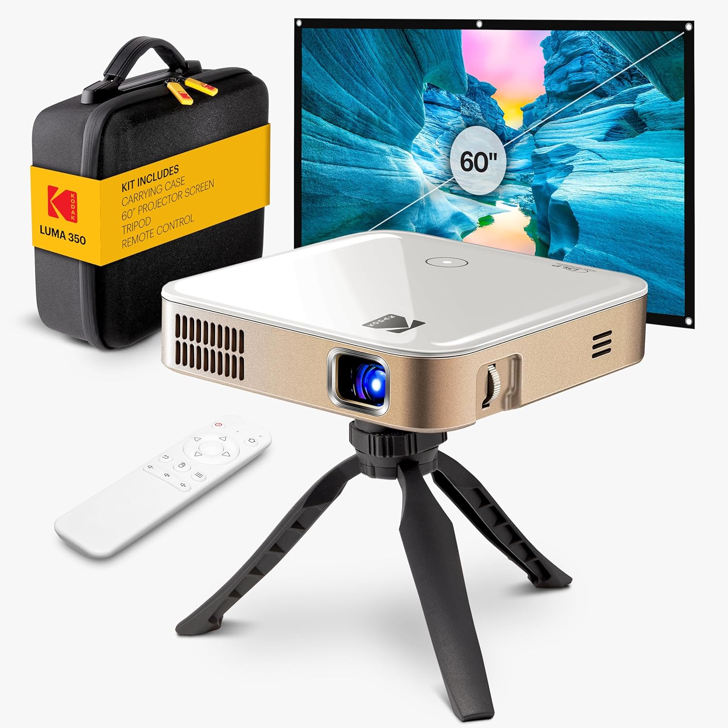 KODAK Luma 350 Mini Projector - White Kit with Case, Tripod & 60in Screen - Android OS w/ Apps for Smart Projector - 200-Lumen Auto Keystone for Portable Unit - HDMI & USB Inputs for Video Display