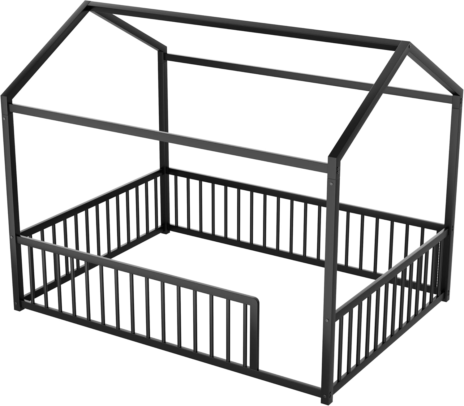 House Shape Full Size Montessori House Bed Metal Floor Bed Full Bedframe No Box Spring Needed, Black