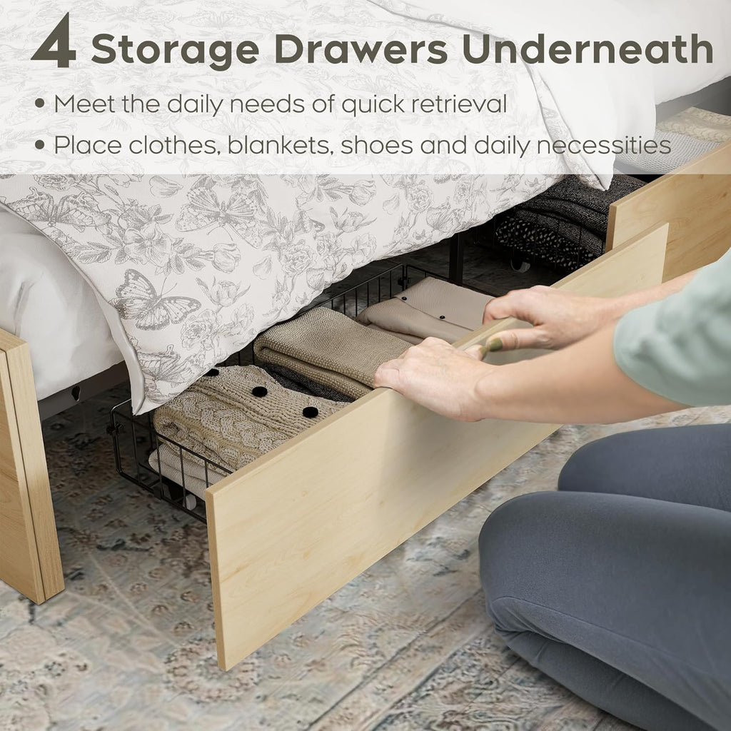 Yechen Full Bed Frame with Natural Rattan Headboard and Wooden 4 Storage Drawers, Light Oak Bedframe Metal Platform with Strong Wooden Slats Support, Bamboo Cane Beds, No Box Spring Needed