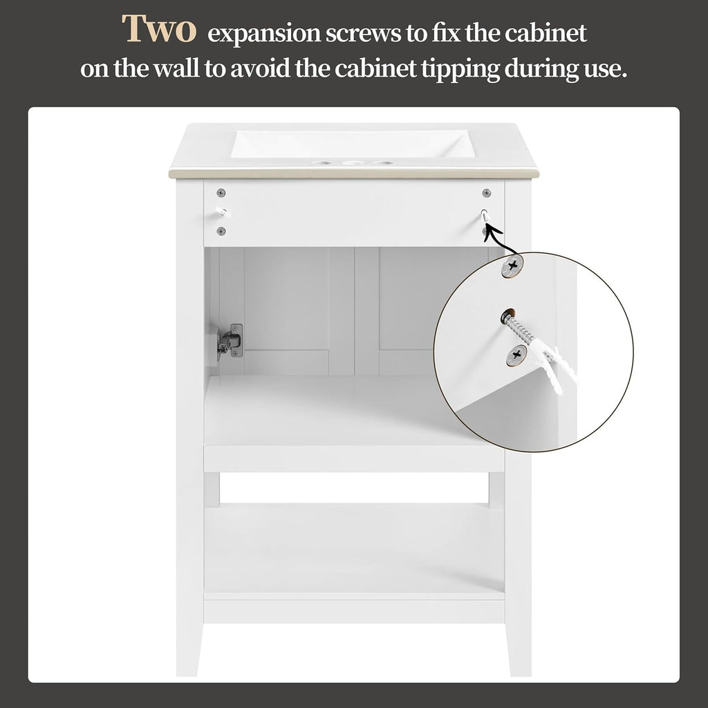 Yaheetech 24" Modern Bathroom Vanity with Sink, Bathroom Sink Cabinet with Rectangular Ceramic Basin, Bathroom Vanities Cabinet with 2 Doors and 1 Open Shelf, White