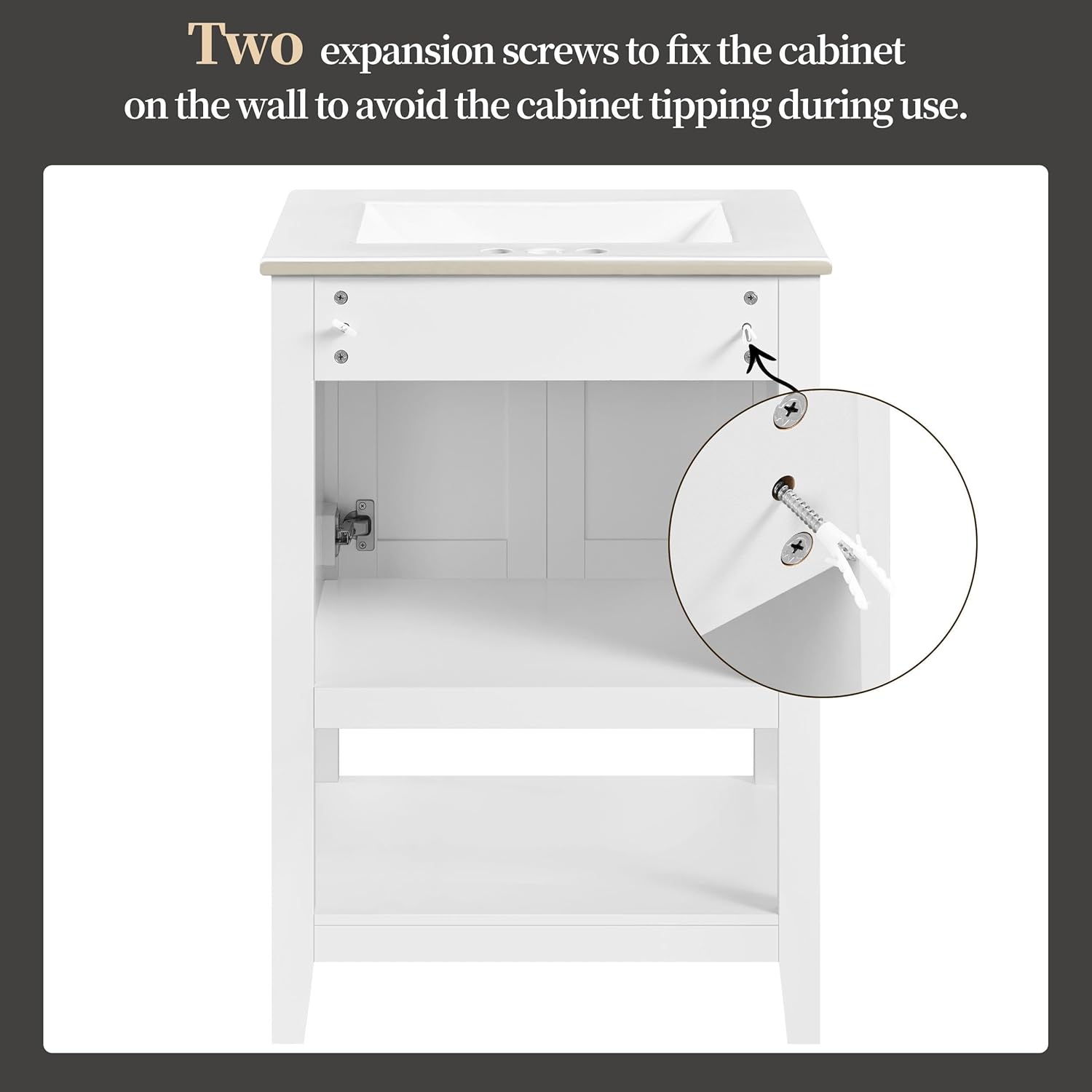 Yaheetech 24" Modern Bathroom Vanity with Sink, Bathroom Sink Cabinet with Rectangular Ceramic Basin, Bathroom Vanities Cabinet with 2 Doors and 1 Open Shelf, White