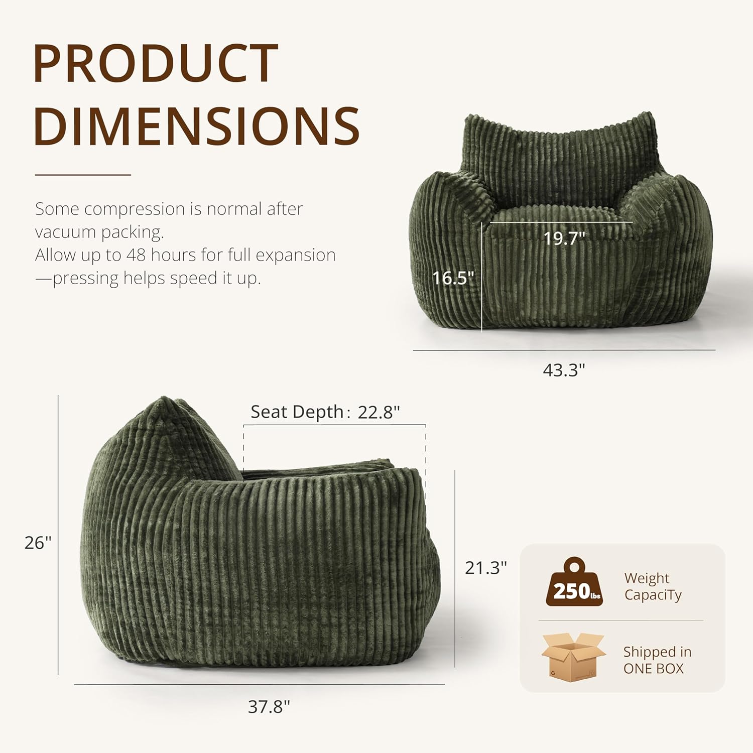 Bean Bag Chair with Armrests, Comfy Corduroy Beanbag Sofa for Adults, Stuffed Floor Accent Chair for Living Room, Bedroom, Green, Single