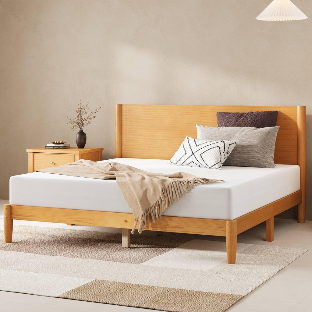 AMERLIFE Queen Solid Wood Bed Frame, Mid Century Modern Platform Bed with Full Panel Headboard, Wooden Bedframe with Cylindrical Legs, No Box Spring Needed & Noise-Free, Natural Wood