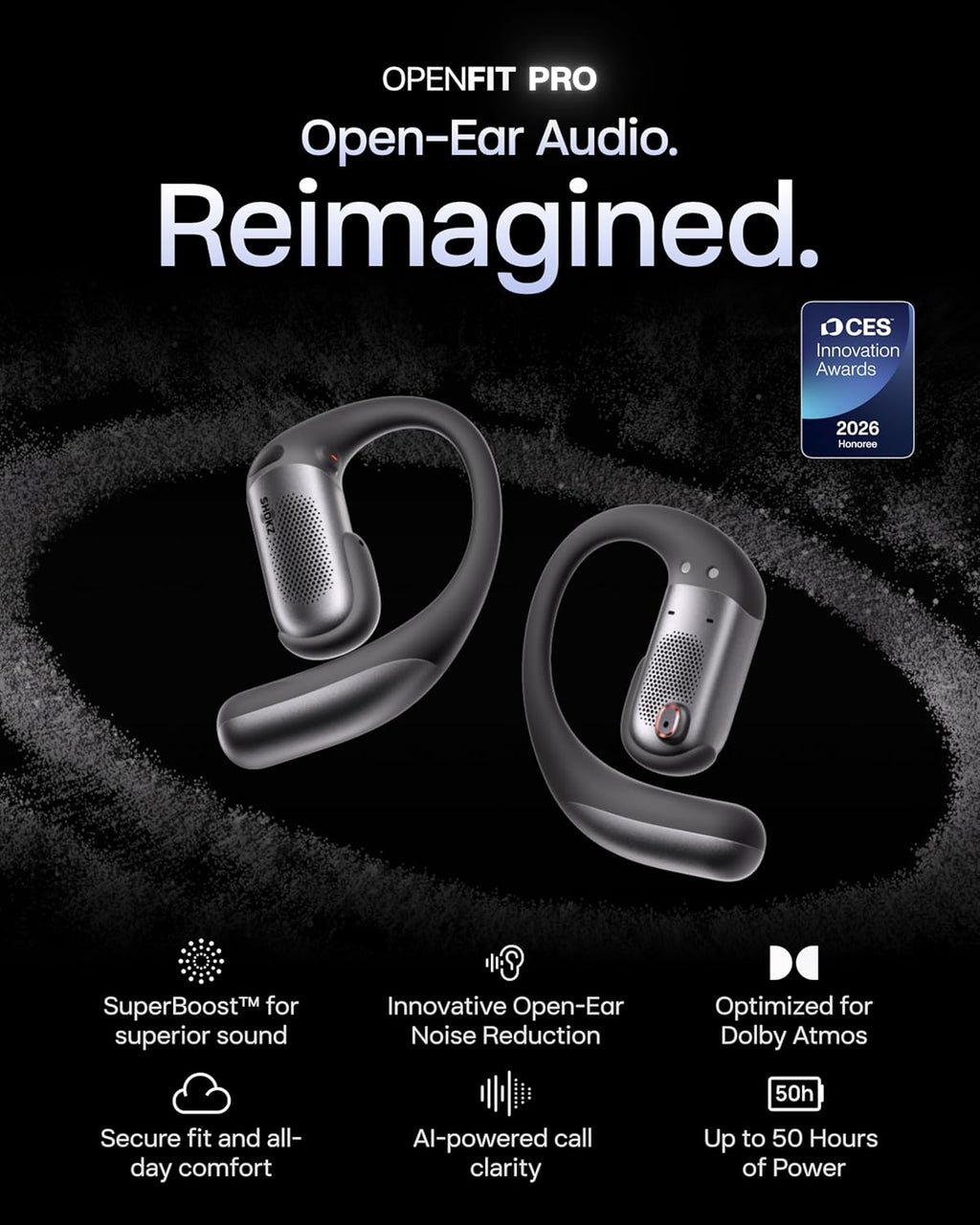 SHOKZ OpenFit Pro Open-Ear True Wireless Earbuds with Open-Ear Noise Reduction, Optimised for Dolby Atmos, Deep Bass, 50H Playtime, AI-Powered Clear Calls for Work, Sport, Bluetooth 6.1, IP55, Black