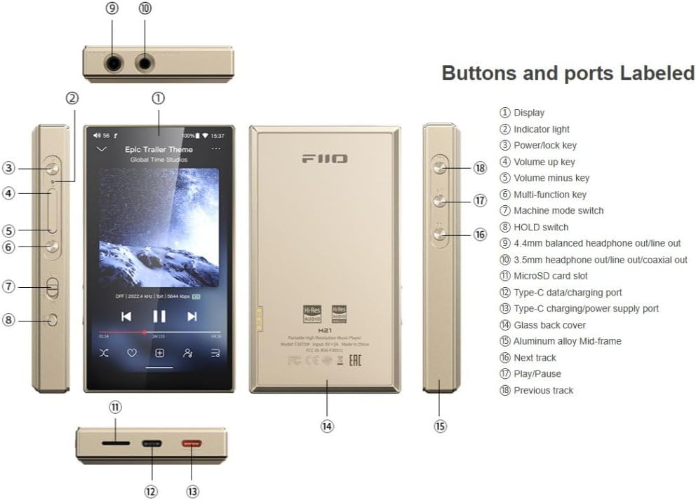 FiiO M21 Android 13 Portable Music Player MP3 Walkman Snapdragon 680 4* CS43198 DAC Chips Hi-Res Audio DSD Bluetooth LDAC (Blue-Black)