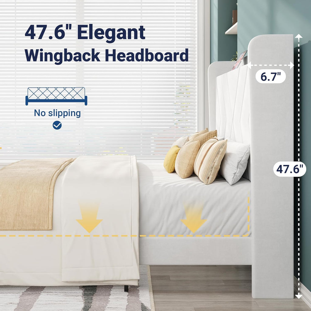 Allewie Full Size Platform Bed Frame with Charging Station and Storage Shelf/Upholstered Velvet Wingback Headboard/Wooden Slats Support/No Box Spring Needed/Easy Assembly, White