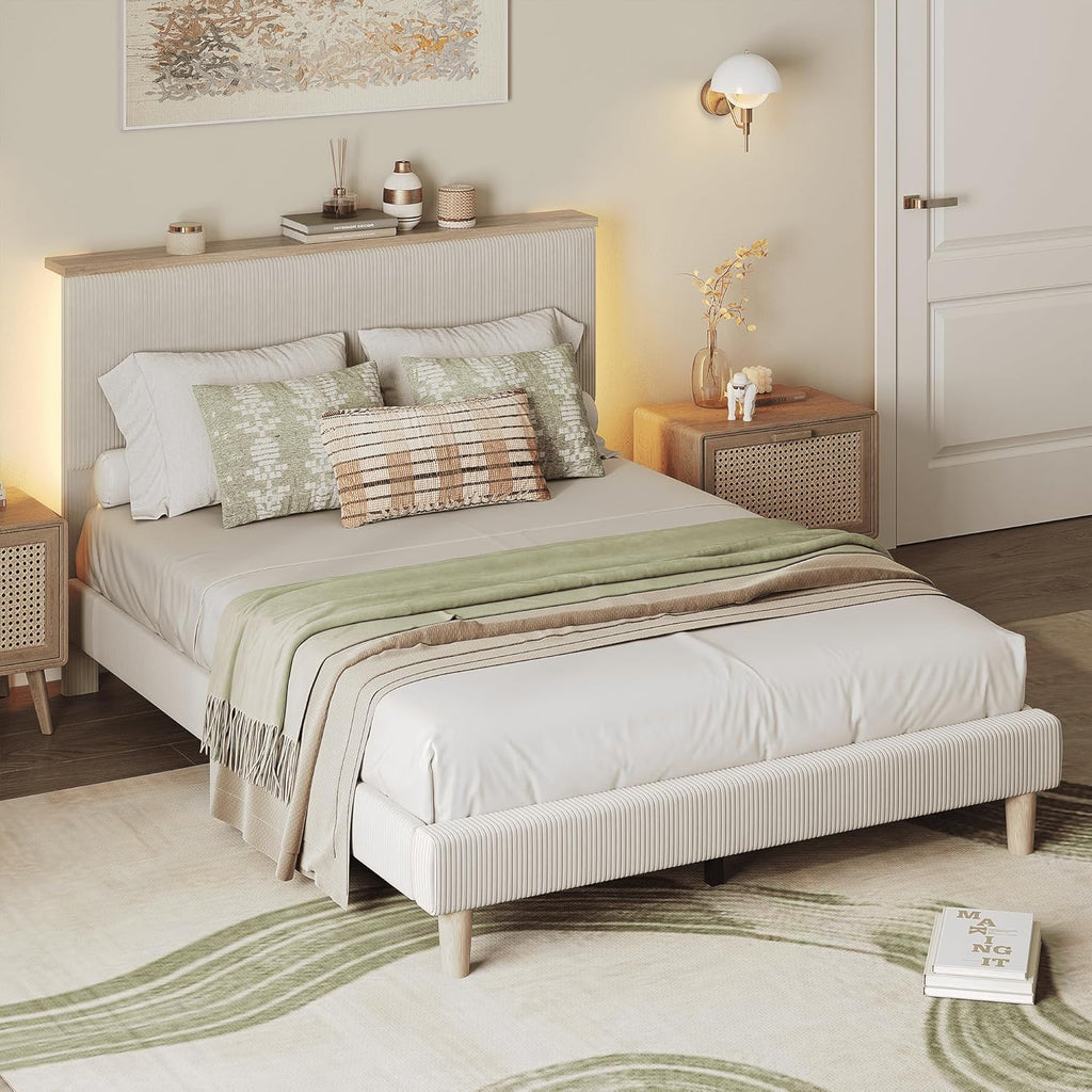 Bestier Queen Bed Frame with Adjustable Headboard & LEDLighting, Corduroy Upholstered Platform Bed Frame withStorage Shelf, Solid Wood Slats, No Box Spring Needed,Never Squeak, Easy Assembly, Beige