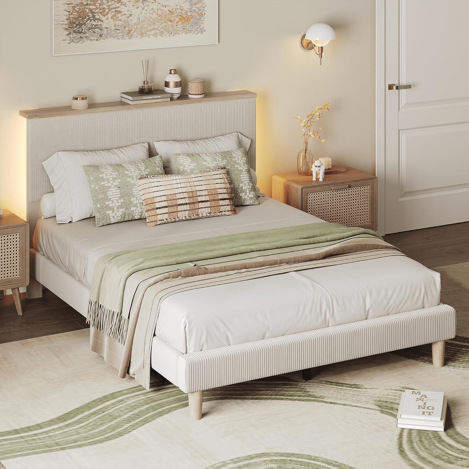 Bestier Queen Bed Frame with Adjustable Headboard & LEDLighting, Corduroy Upholstered Platform Bed Frame withStorage Shelf, Solid Wood Slats, No Box Spring Needed,Never Squeak, Easy Assembly, Beige