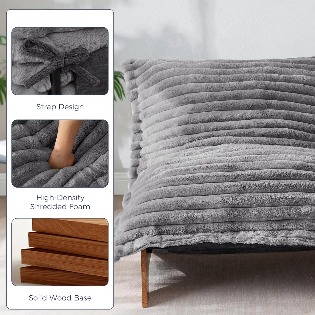 MAXYOYO Adjustable Living Room Chair, Convertible Bean Bag Chair & Recliner with Frame, Removable Cushion Floor Sofa Striped Fabric, Soft Upholstered Lounge for Bedroom, Dorm, Grey
