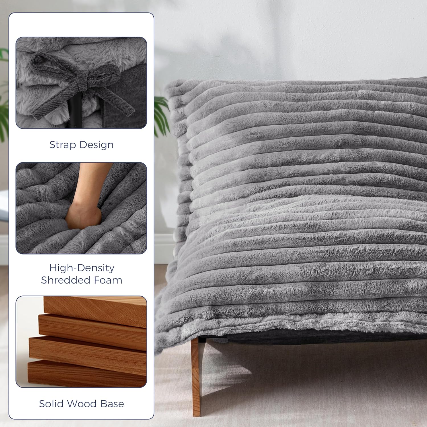 MAXYOYO Adjustable Living Room Chair, Convertible Bean Bag Chair & Recliner with Frame, Removable Cushion Floor Sofa Striped Fabric, Soft Upholstered Lounge for Bedroom, Dorm, Grey