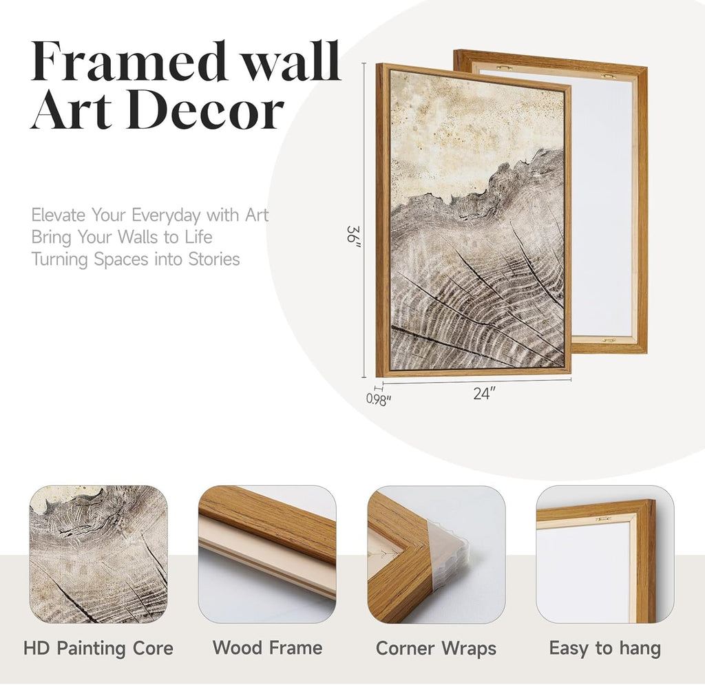 Framed Modern Farmhouse Tree Ring Wall Art for Living Room, 3 Piece Large Neutral Canvas Prints Paintings, Rustic Nature Wood Stump Pictures Artwork for Bedroom Hallway Office Walls Decor, 24x36 Inch
