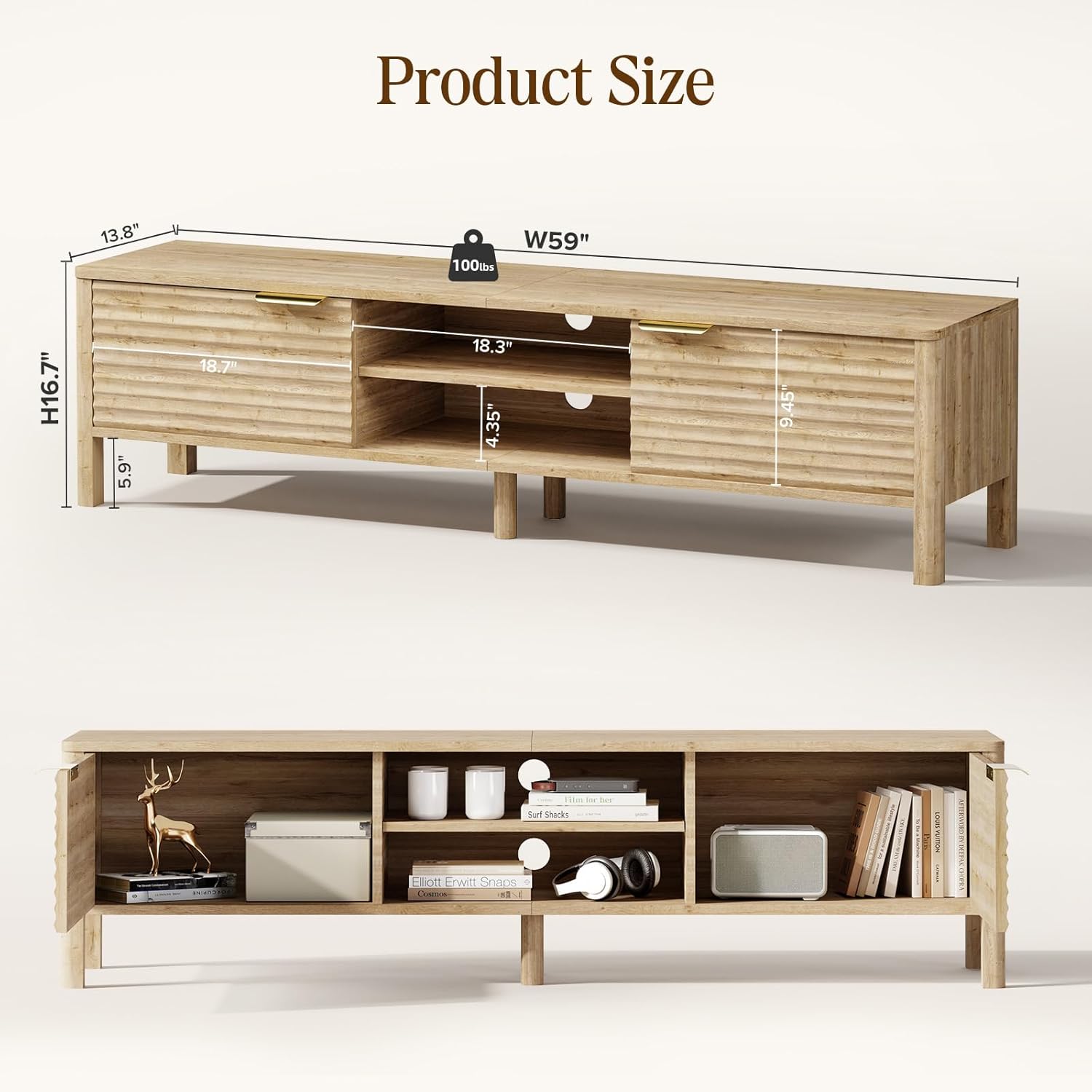 IKALIFE TV Stand for Living Room - up to 65 Inch TVs Mid Century Modern Entertainment Center with Storage and Adjustable Shelves, Media Console Table Oak 59"