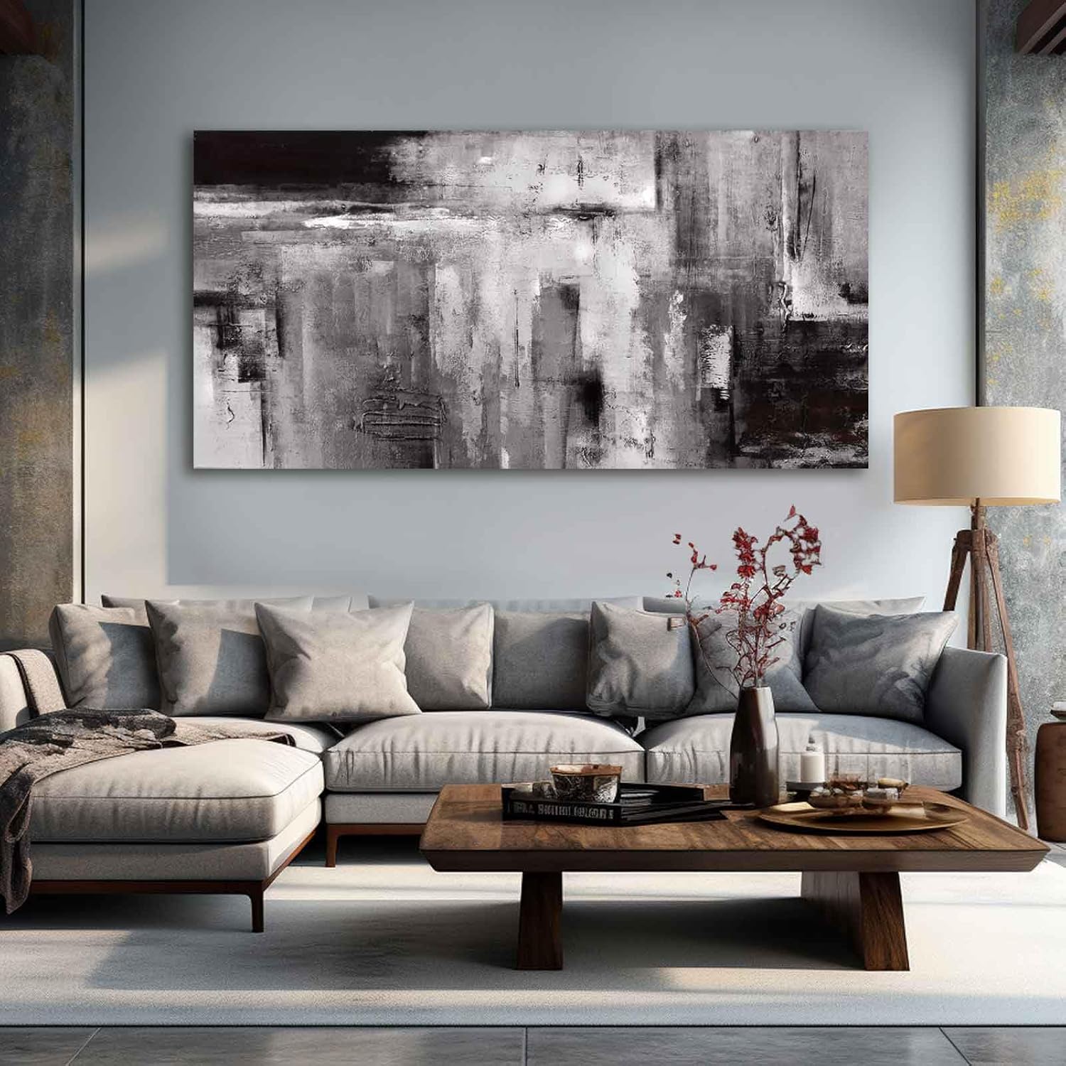 XIANSHOU Black Abstract Wall Art Living Room Decor Painting 29"x 58" White Abstract Graffiti Wall Decorations for Bedroom Kitchen Dining Room Office