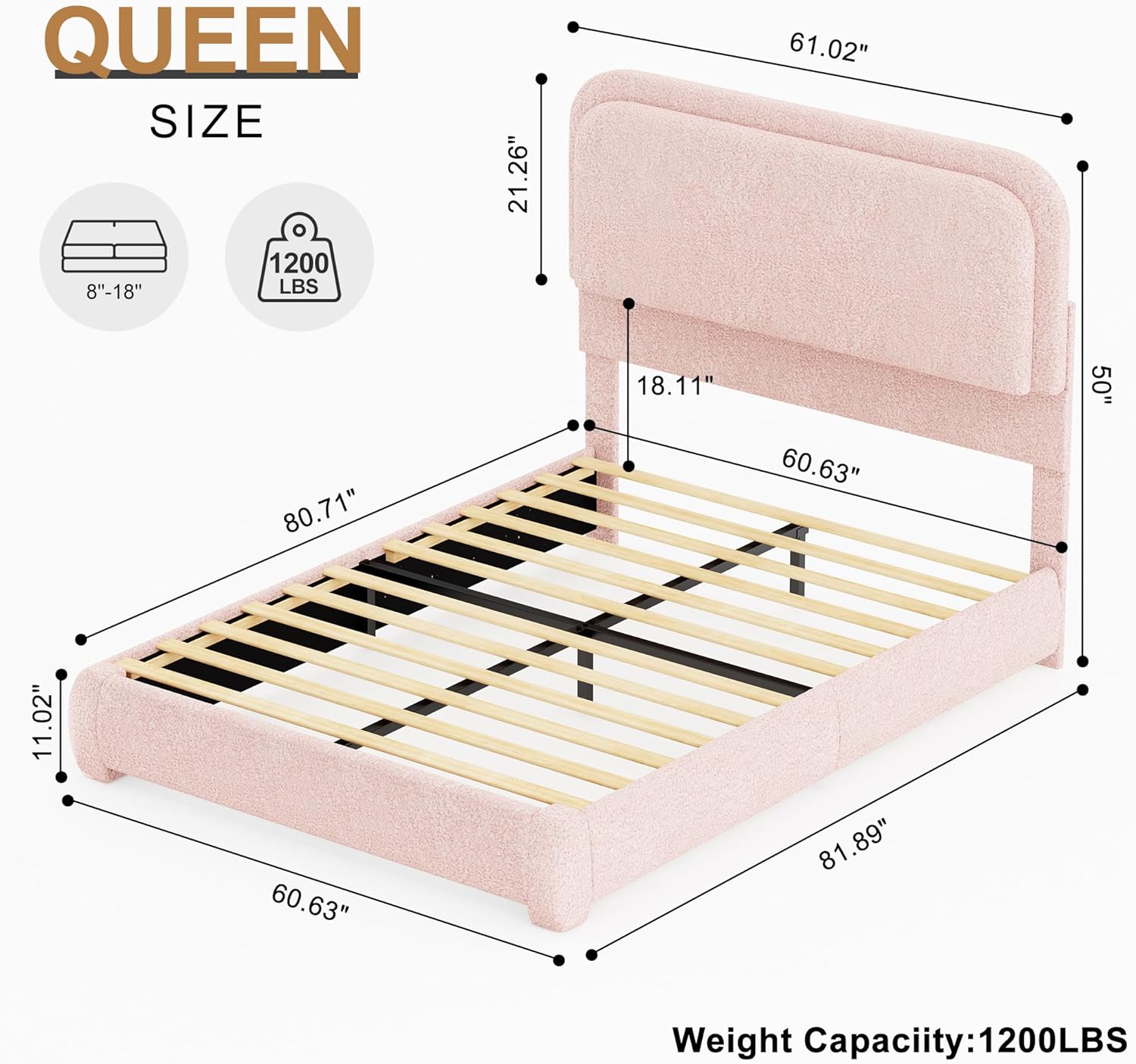 Queen Bed Frame, Soft Teddy Fleece Upholstered Platform Bedframe with Thickened Rounded Corners Headboard Footboard, Modern Curved Shaped Cloud Bed Frame with LED Lights, No Box Spring Needed, Pink