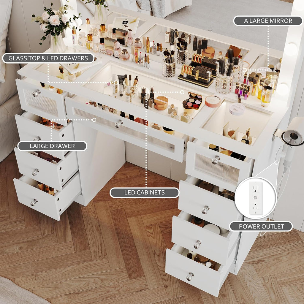 IFSEB Makeup Vanity Desk with LED Lights and Large 36.9'' Mirror, 9 Drawers Vanity with Glass Top & 3 Color Hollywood Bulbs, Make Up Vanity with Charging Station & Crystal Knobs for Woman, White