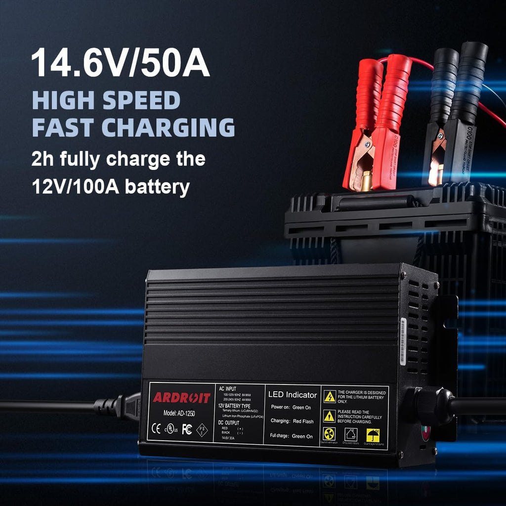14.6V 50A LiFePO4 Battery Charger, Smart Trickle Charger and Maintainer for 12V Lithium Iron Phosphate Deep Cycle Batteries, AC-DC with LED Indicator for RV, Boat, Golf Cart, Solar Power