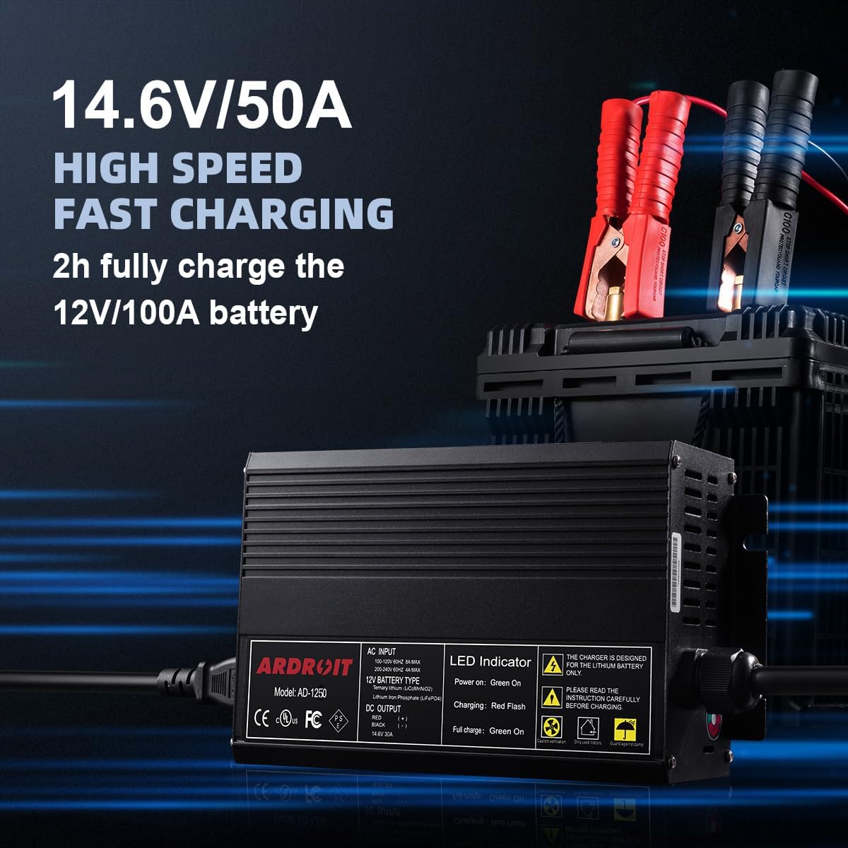 14.6V 50A LiFePO4 Battery Charger, Smart Trickle Charger and Maintainer for 12V Lithium Iron Phosphate Deep Cycle Batteries, AC-DC with LED Indicator for RV, Boat, Golf Cart, Solar Power