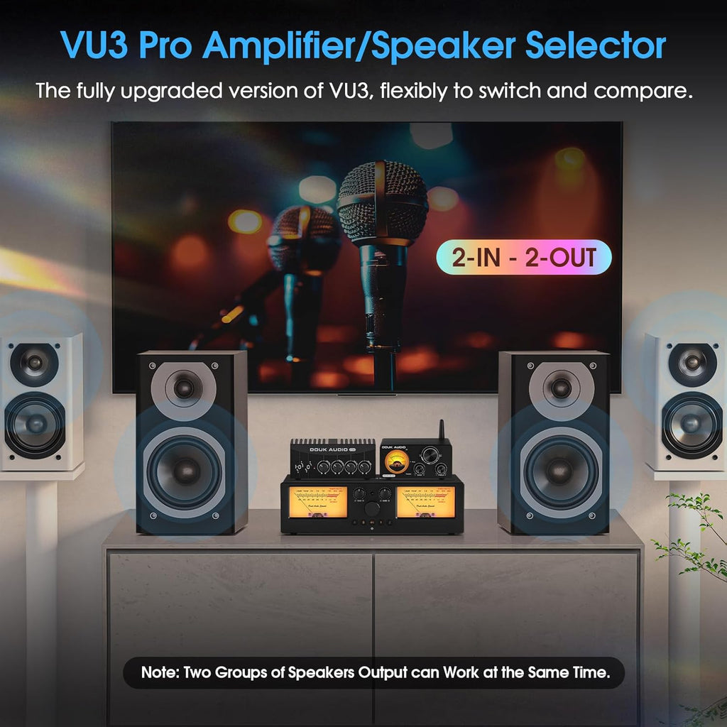 Douk Audio VU3 PRO Dual Analog VU Meter, 2-Way Amplifier Switch, Speaker Selector, Amp Audio Switcher Box 2-IN-2-OUT with DB Panel Display