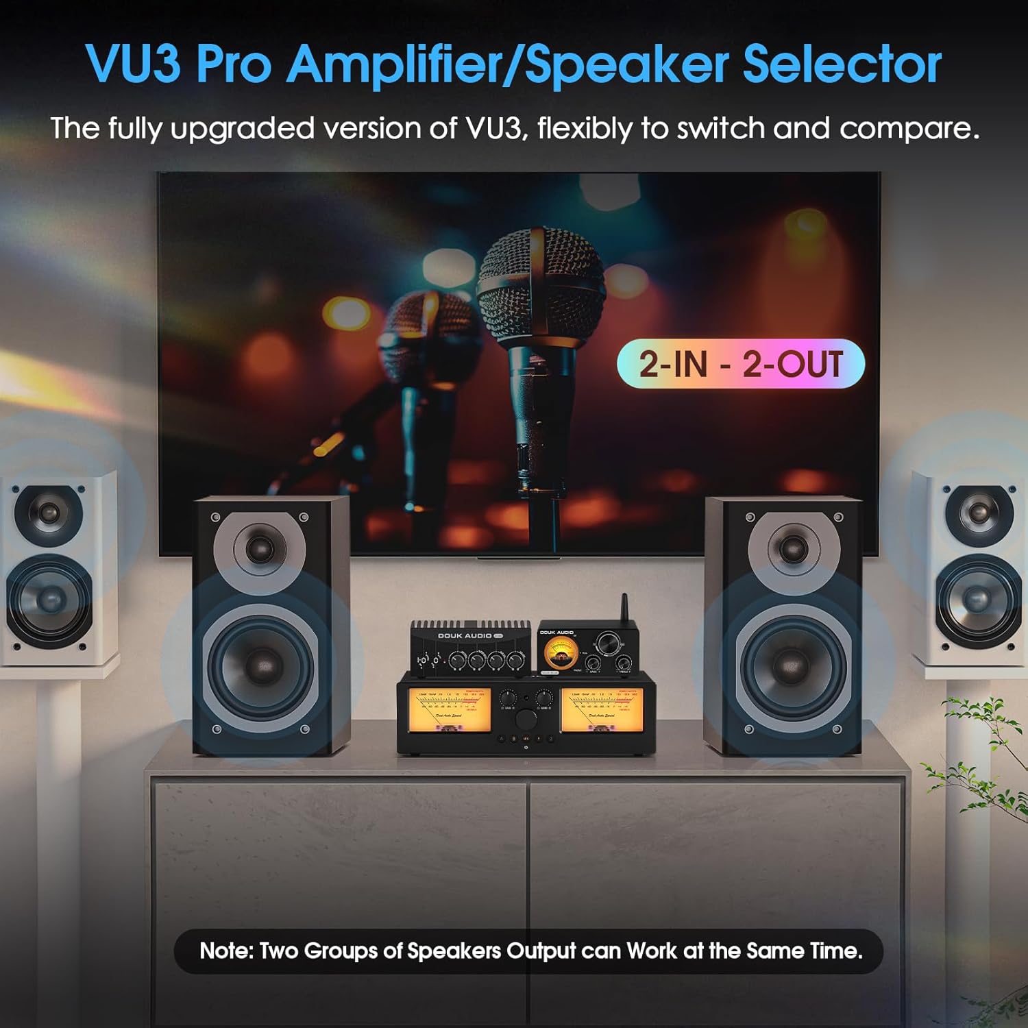 Douk Audio VU3 PRO Dual Analog VU Meter, 2-Way Amplifier Switch, Speaker Selector, Amp Audio Switcher Box 2-IN-2-OUT with DB Panel Display