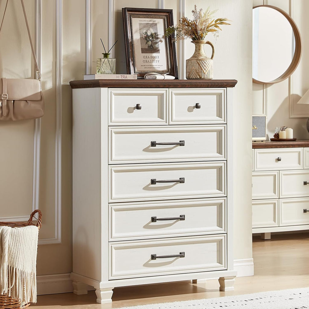 SAVOR LIFE Farmhouse Bedroom Dresser and Nightstand Set of 4, 6 Drawer Tall & Low Dresser & 2 Drawer Nightstand Set, Rustic Wood Furniture Set for Bedroom, Hallway, White