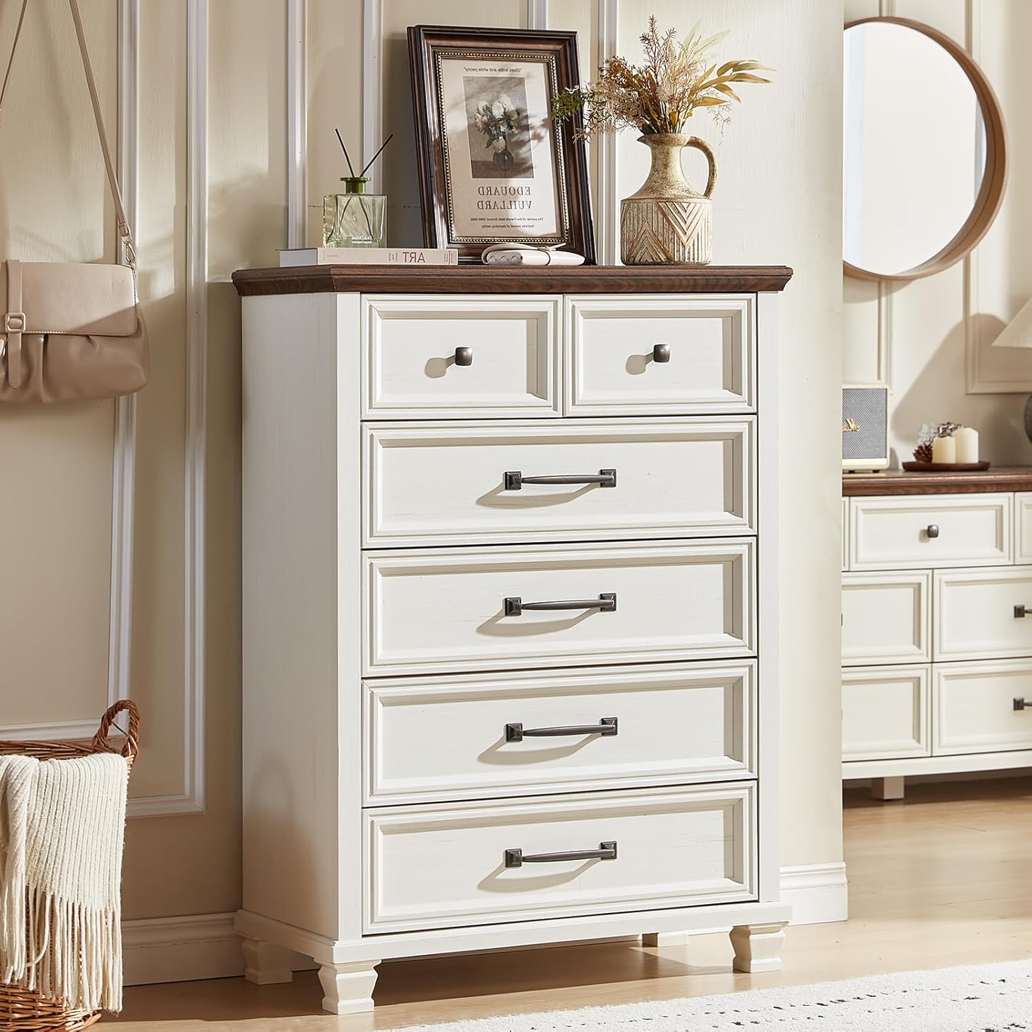 SAVOR LIFE Farmhouse Bedroom Dresser and Nightstand Set of 4, 6 Drawer Tall & Low Dresser & 2 Drawer Nightstand Set, Rustic Wood Furniture Set for Bedroom, Hallway, White