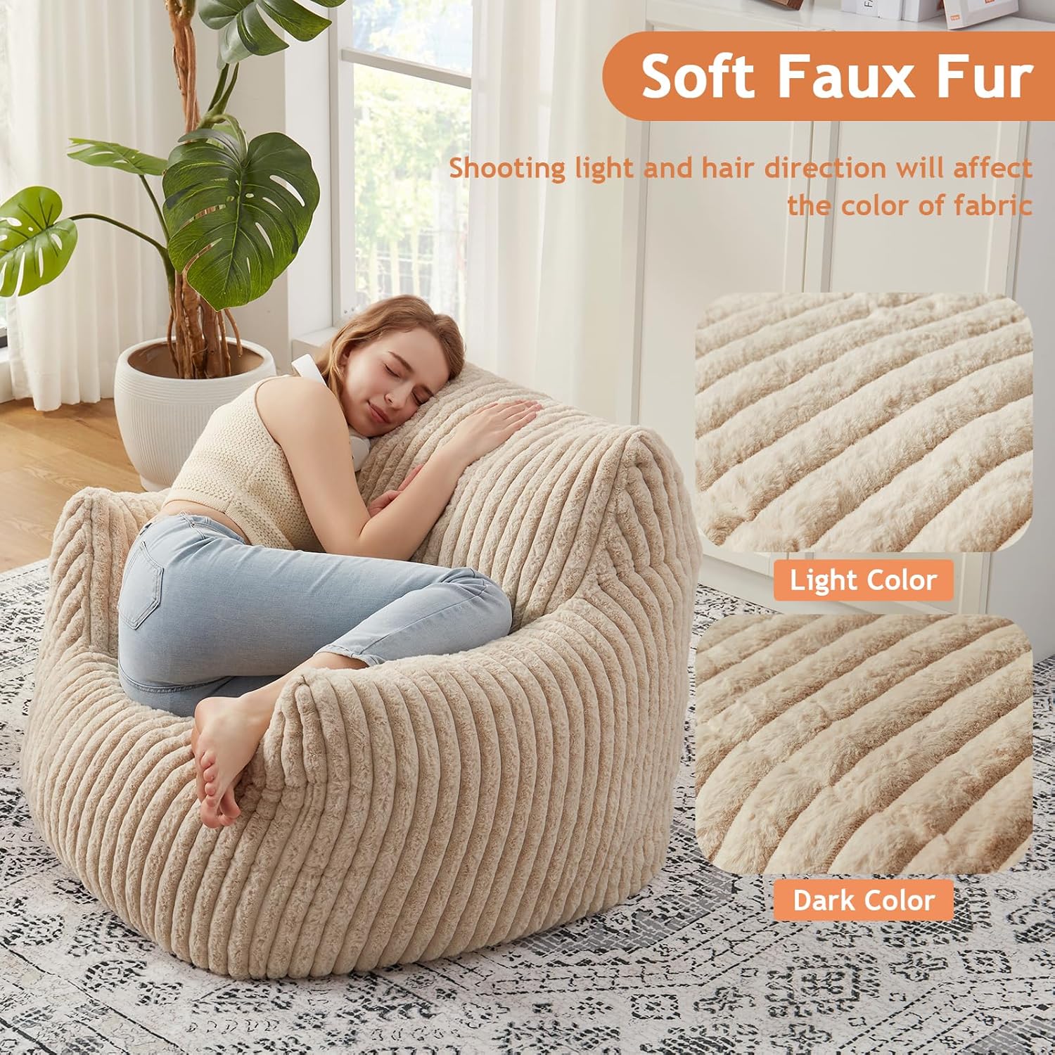 Giant Bean Bag Chairs for Adults Teens with Filling Large Fluffy Bean Bag Chair with Armrests Plush Comfy BeanBag Couch Sofa Chair for Bedroom Living Room Reading