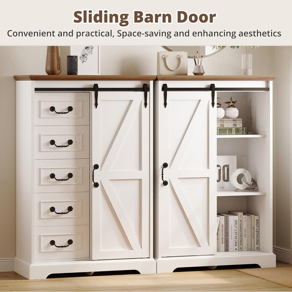 IRONCK 5 Drawers Dressers for Bedroom, Farmhouse Dresser Chest of Drawer with Sliding Barn Door,48” Tall Dresser Storage Organizer for Living Room, Entryway, White/Walnut