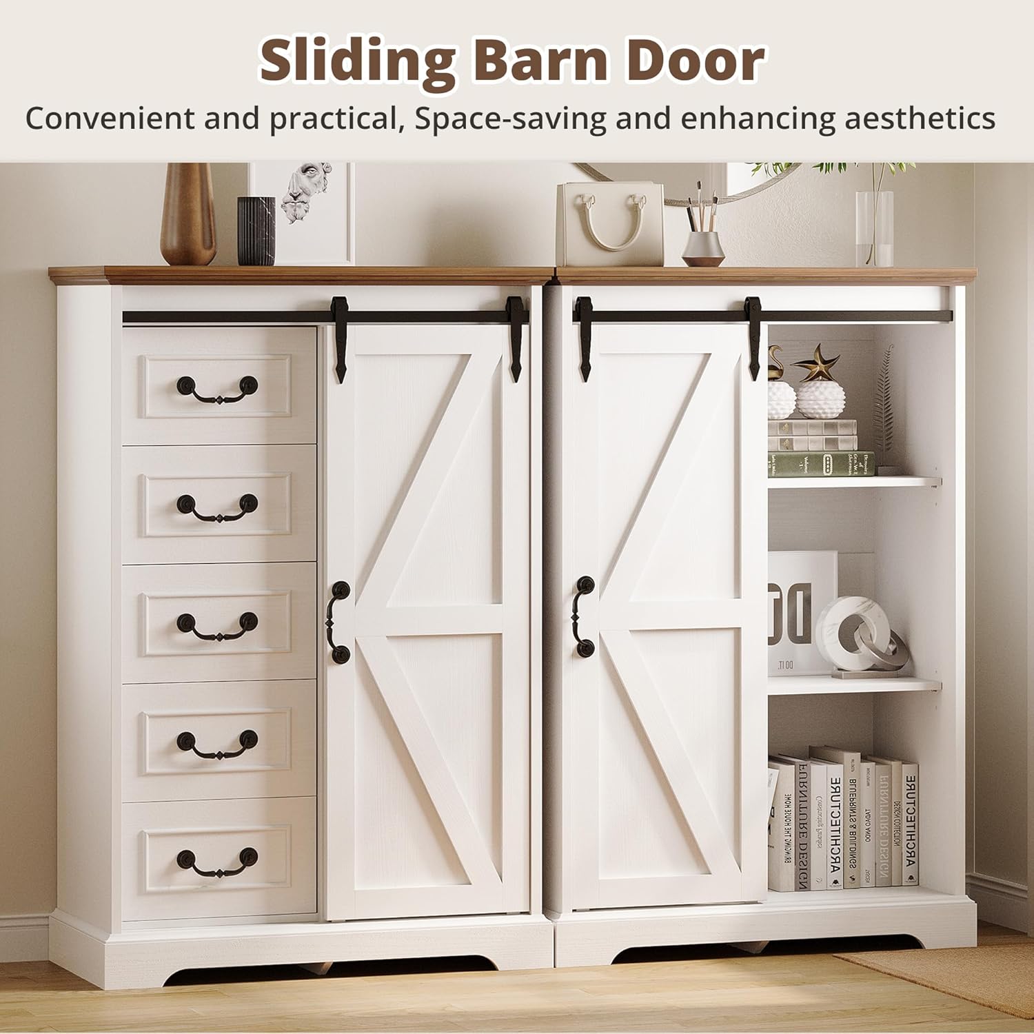 IRONCK 5 Drawers Dressers for Bedroom, Farmhouse Dresser Chest of Drawer with Sliding Barn Door,48” Tall Dresser Storage Organizer for Living Room, Entryway, White/Walnut