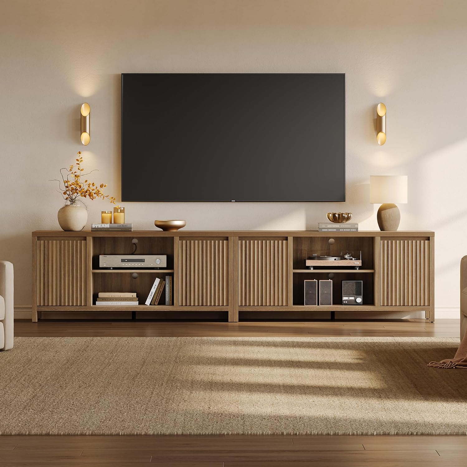 SICOTAS Fluted TV Stand for 55 65 inch TV - Large TV Consoles for Living Room Bedroom, Mid Century Modern Entertainment Center with Storage Cabinet, Wooden Television Stands Media Console, Caramel Oak