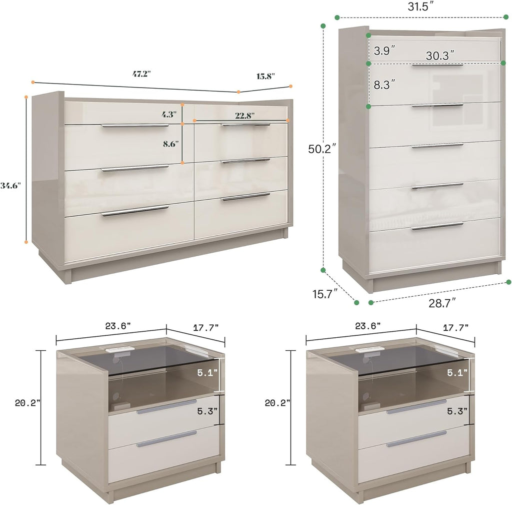 AMERLIFE 4 Piece Bedroom Furniture Set, 2 Nightstands with Charging Station, 8 Drawer Dresser with LED Light & 5 Drawer Chest, Modern High Gloss UV Finish, Bedroom Storage Organizer, Cream & Grey