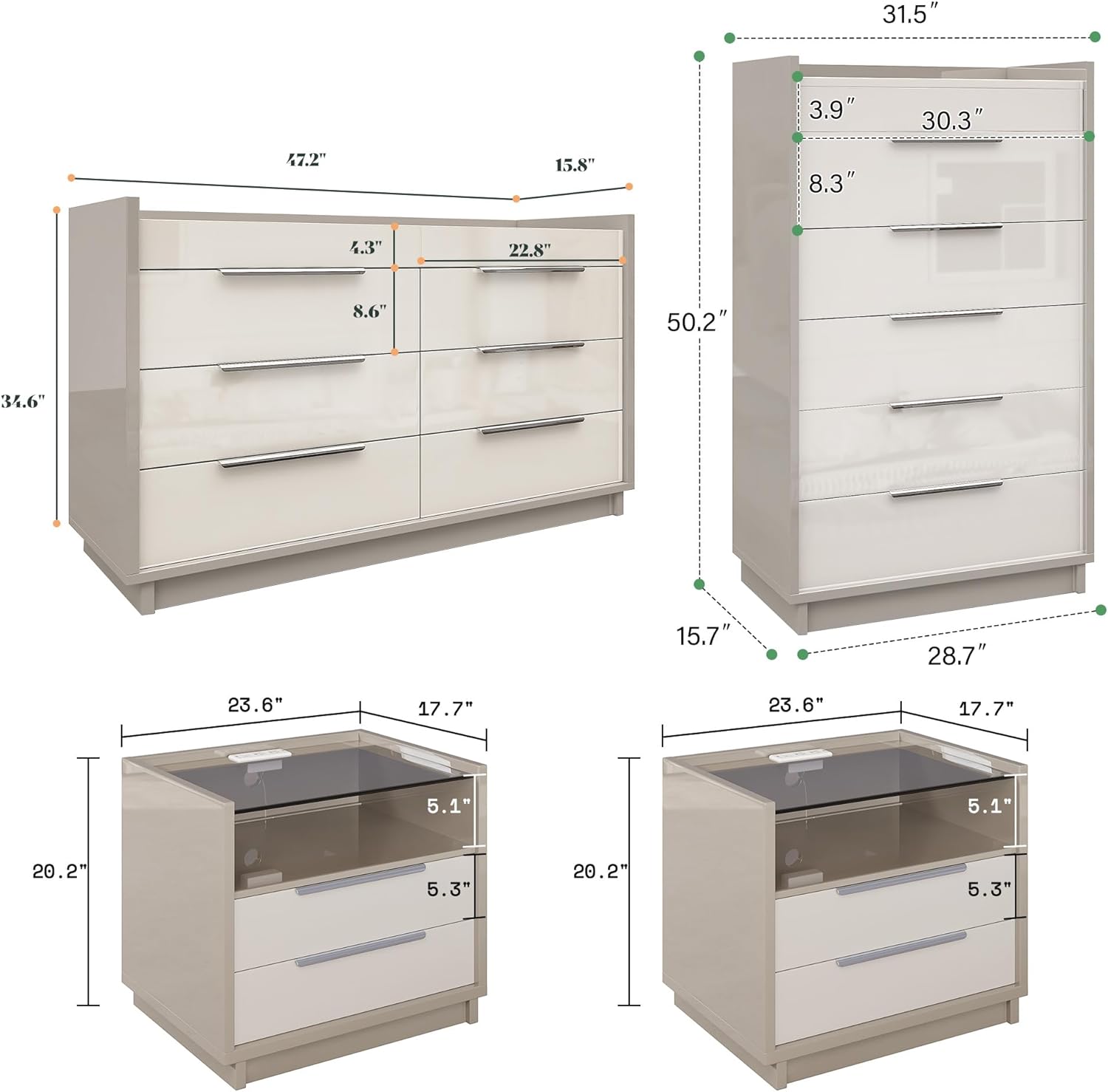 AMERLIFE 4 Piece Bedroom Furniture Set, 2 Nightstands with Charging Station, 8 Drawer Dresser with LED Light & 5 Drawer Chest, Modern High Gloss UV Finish, Bedroom Storage Organizer, Cream & Grey
