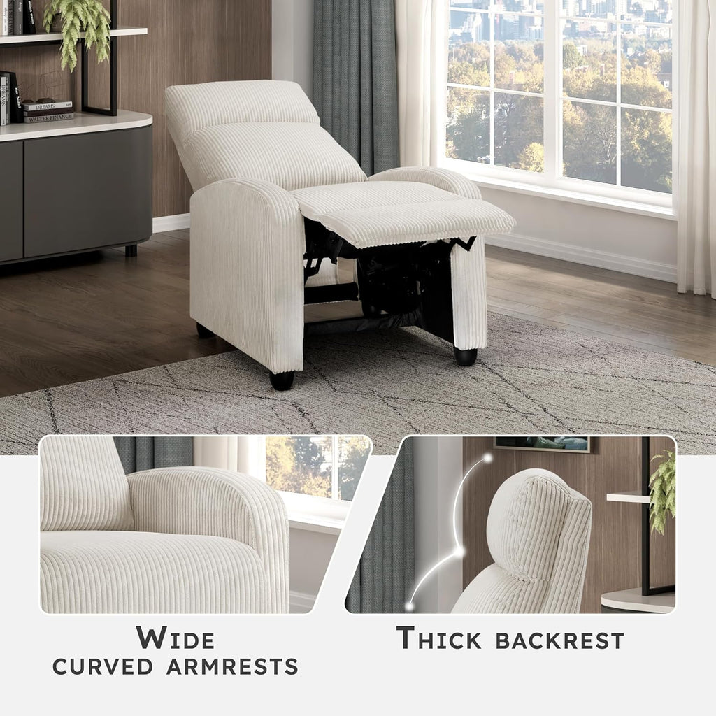 Lexicon Corduroy Pushback Recliner Chair Armchair Push Back Recliner, Solid Wood Frame and Metal Base, Easy Assembly Small Soft Single Sofa Accent Chair for Living Room/Office/Apartment, Beige