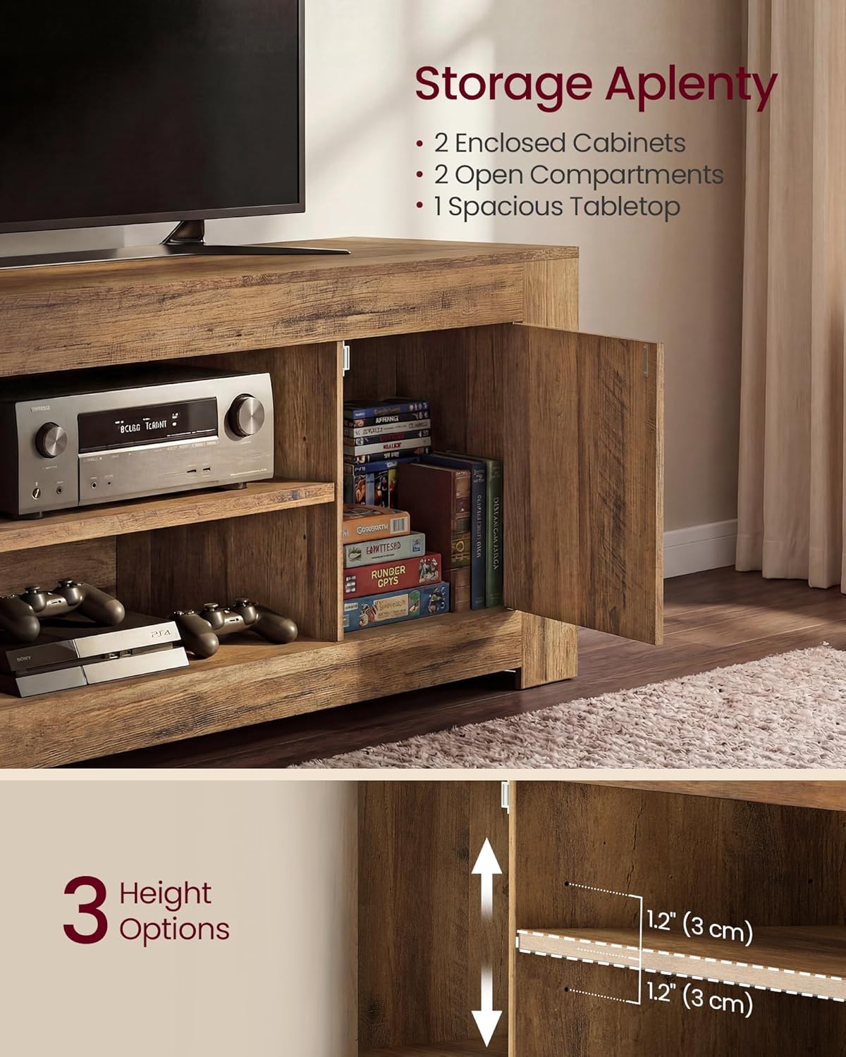 VASAGLE TV Stand, Farmhouse Entertainment Center with Storage Cabinets, Media Console Table for Living Room, Bedroom, for 80 Inch TV, 70 x 15.7 x 23.6 Inches, Honey Brown ULTV624K101S