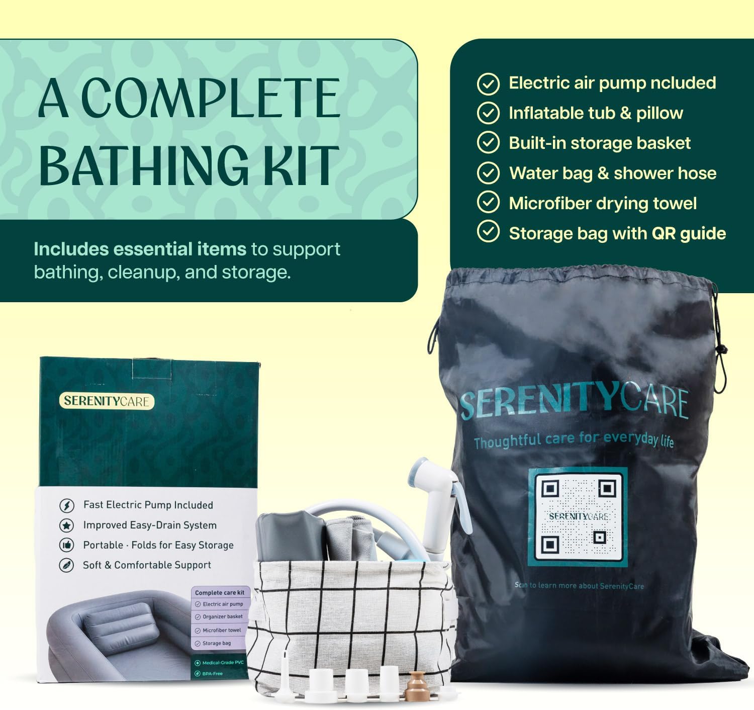 Inflatable Bed Bathtub for Adults, Bedridden Patients – Easy Bed Bath System for Elderly & Disabled – Home Care Portable Medical Bed Shower Solution with Electric Pump & Complete Kit