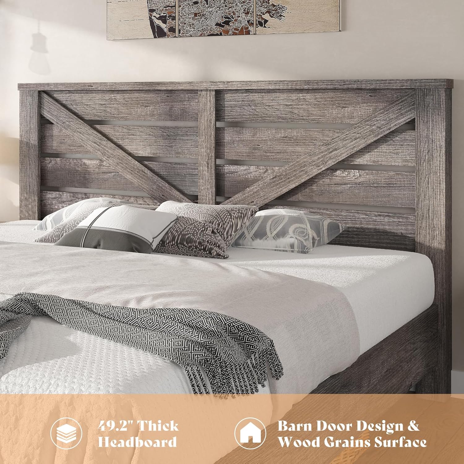 AMERLIFE Queen Size Bed Frame with 49.2" Barn Door Headboard and Footboard, Farmhouse Platform Bed Frame with Wood Slats, No Box Spring Needed, Under Bed Storage, Rustic Gray