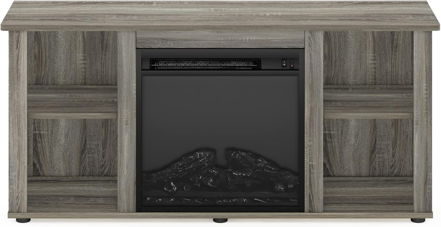 Furinno Jensen Fireplace Entertainment Center TV Stand with Open Storage for TV up to 55 Inch, French Oak Grey