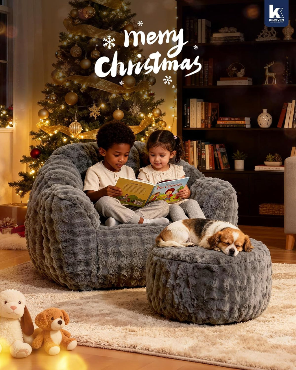 KINGYES Bean Bag Chair, Giant Bean Bag Couch with Memory Foam Filled, Gaming Beanbag Chair for Adults, Bean Bag for Kids & Teen, Light Gray