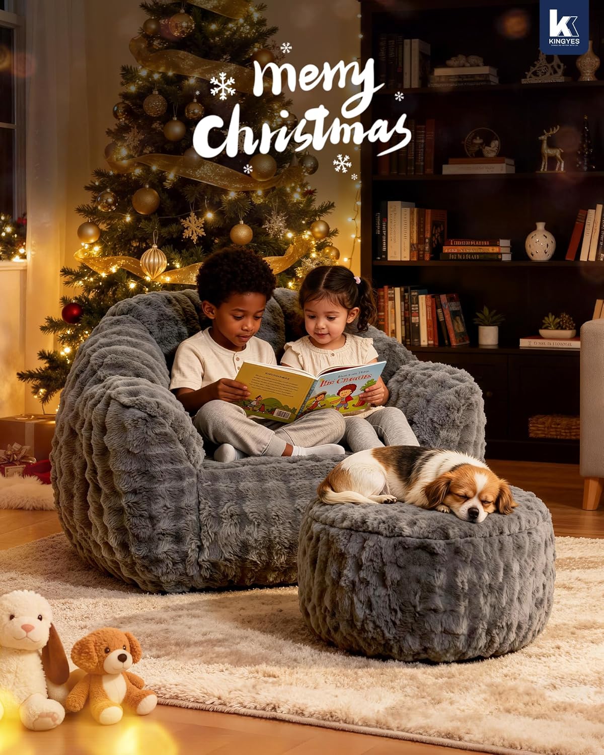 KINGYES Bean Bag Chair, Giant Bean Bag Couch with Memory Foam Filled, Gaming Beanbag Chair for Adults, Bean Bag for Kids & Teen, Light Gray