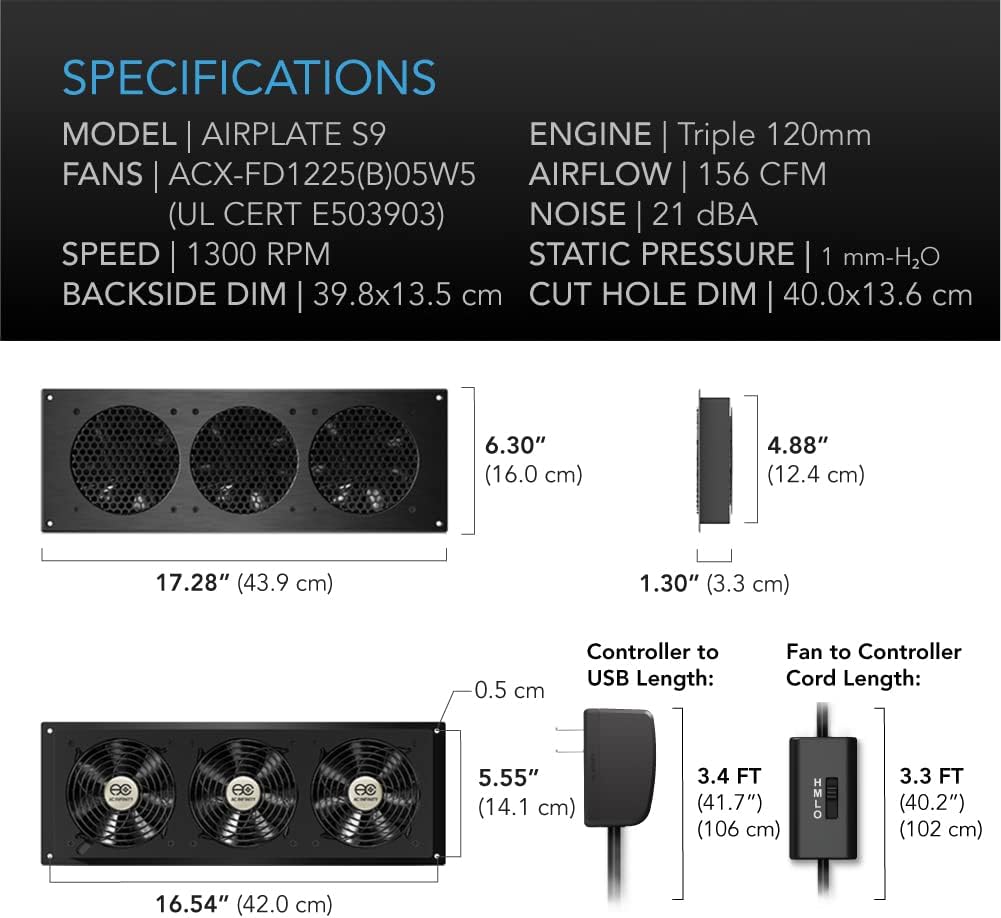 AC Infinity AIRPLATE S9, Quiet Cooling Fan System 18" with Speed Control, for Home Theater AV Cabinet Cooling (Pack of 2)