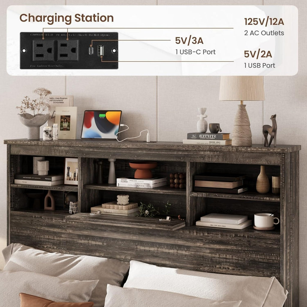 Merax 4-Pcs Queen Size Bed Frame Dresser Night Stand Bedroom Set, Platform with USB Charging Ports Storage Headboard & 1 x 5 Drawers Cabinet & 2 x Nightstands, Wooden, Antique Grey