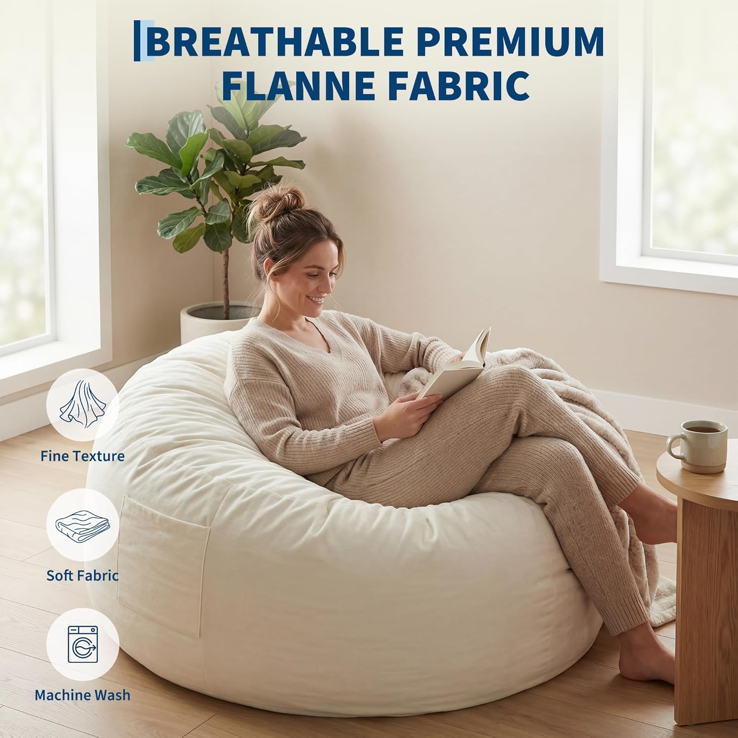 4 in 1 Adult Bean Bag Chair, 4ft Large Beanbag Chair with High Rebound Memory Foam Filler and Removable Cover, Oversized Comfy Flannel Bean Bag Couch Bed Lazy Sofa for Adults Teens, Beige